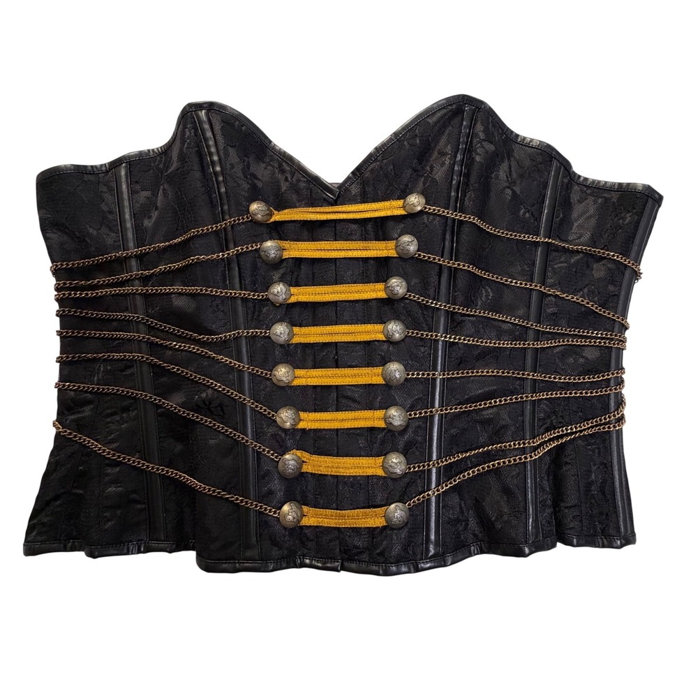 Corset Story Black Lace Steampunk Overbust Corset Gold Chain Military Size 44